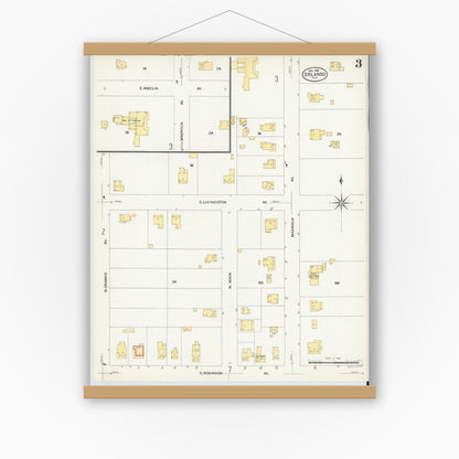 Old map wall art mockup — magnetic wood frame on white wall — Sanborn Fire Insurance Map from Orlando, Orange County, Florida (1908), Sheet #0003