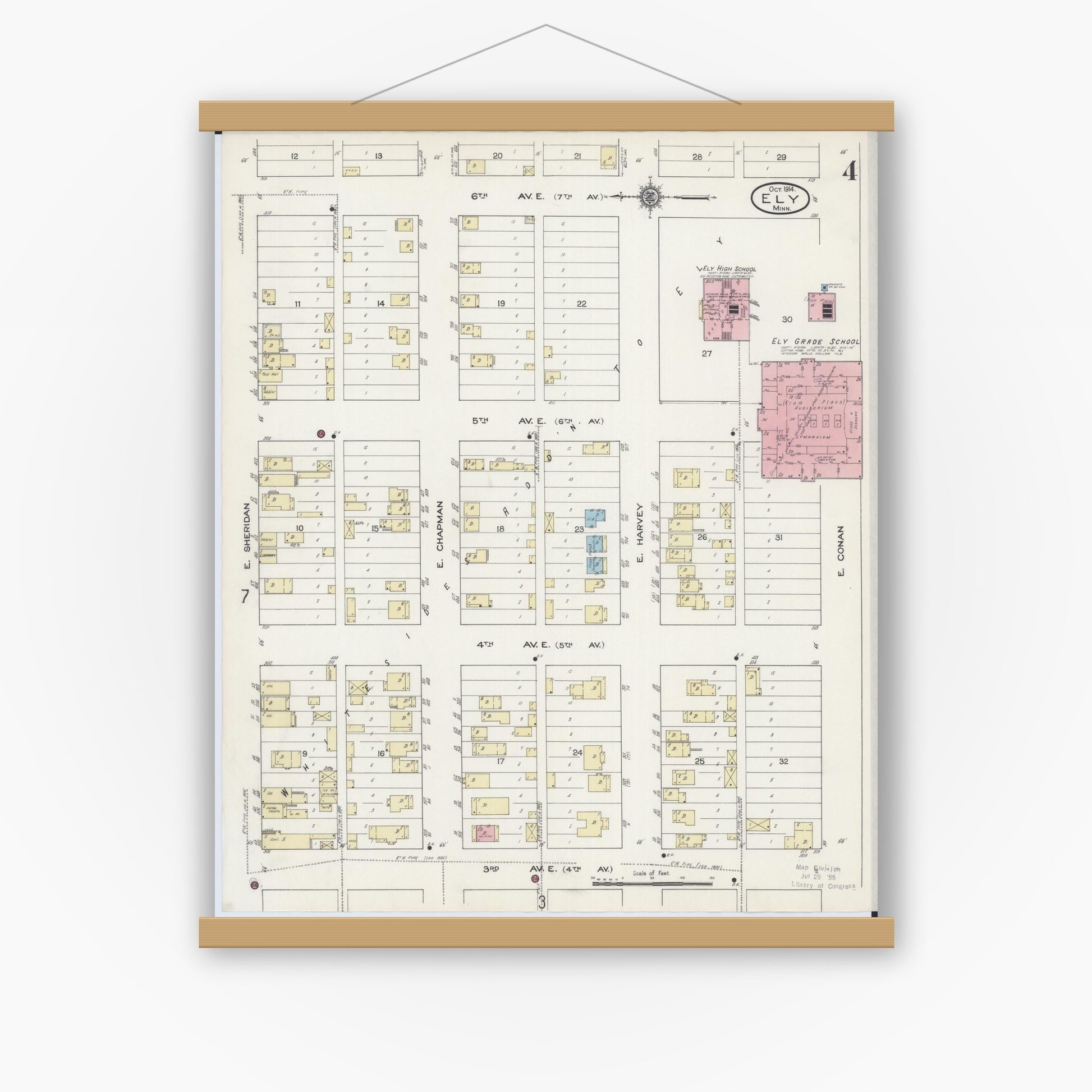 Old map wall art mockup — magnetic wood frame on white wall — Sanborn Fire Insurance Map from Ely, Saint Louis County, Minnesota (1914), Sheet #0004