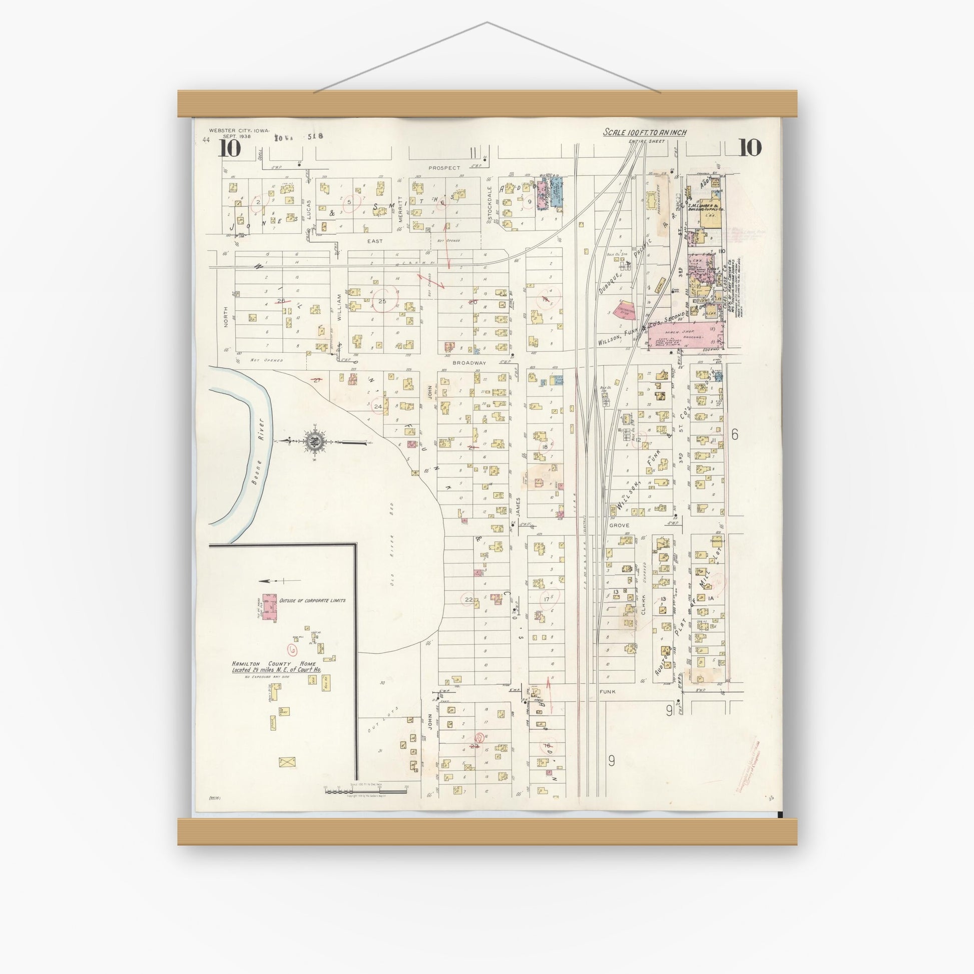 Old map wall art mockup — magnetic wood frame on white wall — Sanborn Fire Insurance Map from Webster City, Hamilton County, Iowa (1950), Sheet #0010