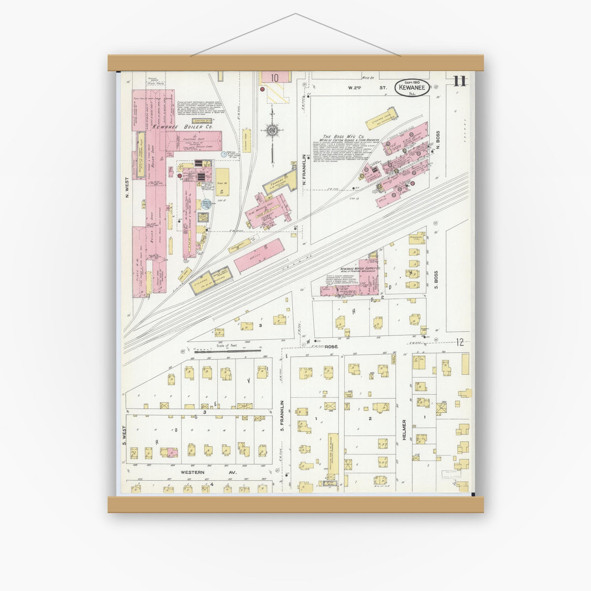 Old map wall art mockup — magnetic wood frame on white wall — Sanborn Fire Insurance Map from Kewanee, Henry County, Illinois (1910), Sheet #0011