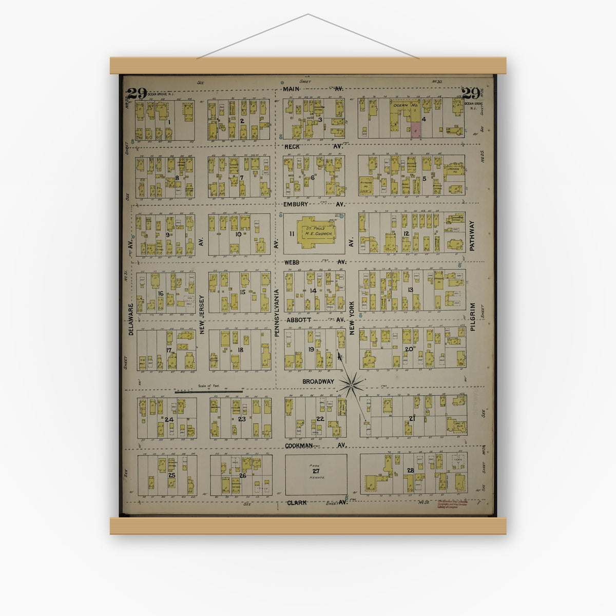 Old map wall art mockup — magnetic wood frame on white wall — Sanborn Fire Insurance Map from New Jersey Coast, New Jersey Coast, New Jersey (1890), Sheet #0029