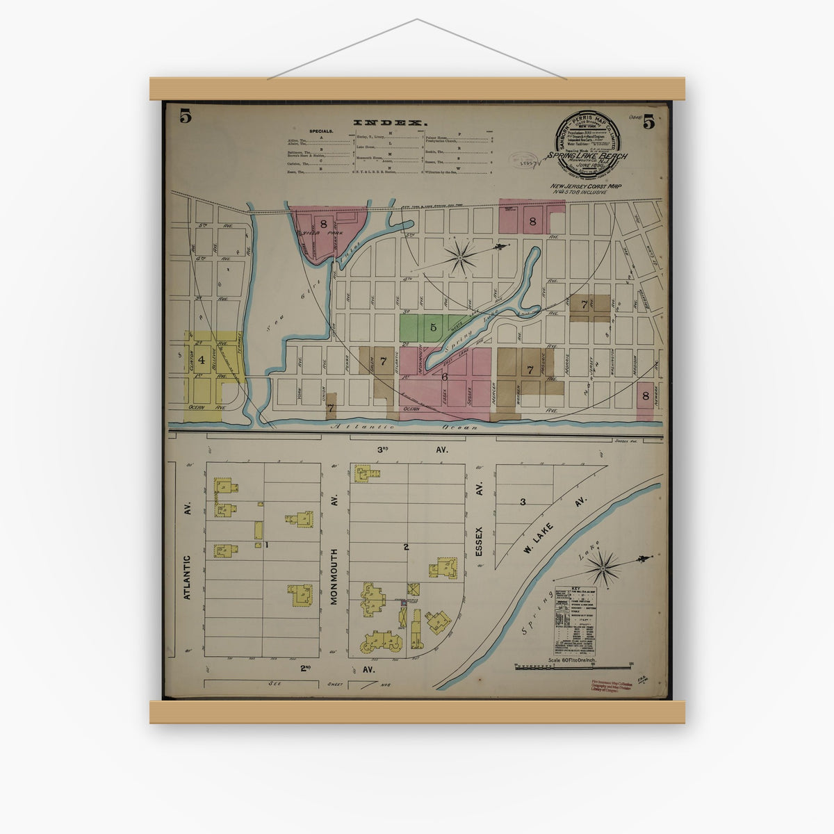 Old map wall art mockup — magnetic wood frame on white wall — Sanborn Fire Insurance Map from New Jersey Coast, New Jersey Coast, New Jersey (1890), Sheet #0005