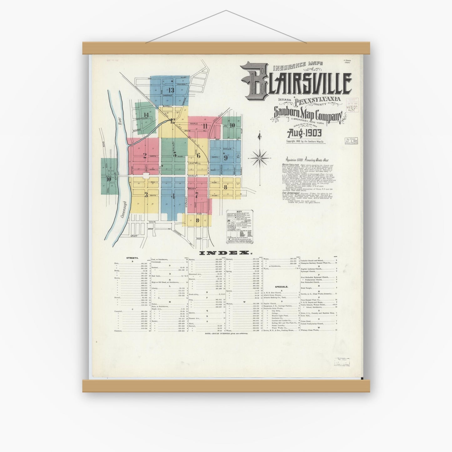 Old map wall art mockup — magnetic wood frame on white wall — Sanborn Fire Insurance Map from Blairsville, Indiana County, Pennsylvania (1903) - Complete Map Set