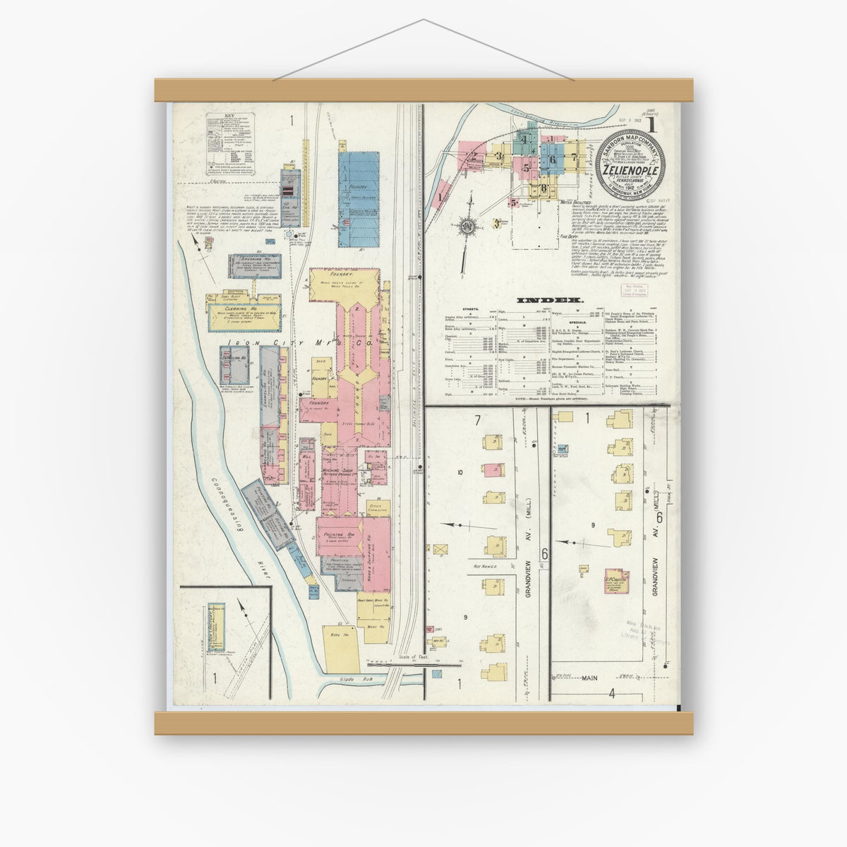 Old map wall art mockup — magnetic wood frame on white wall — Sanborn Fire Insurance Map from Zelienople, Butler County, Pennsylvania (1912) - Complete Map Set