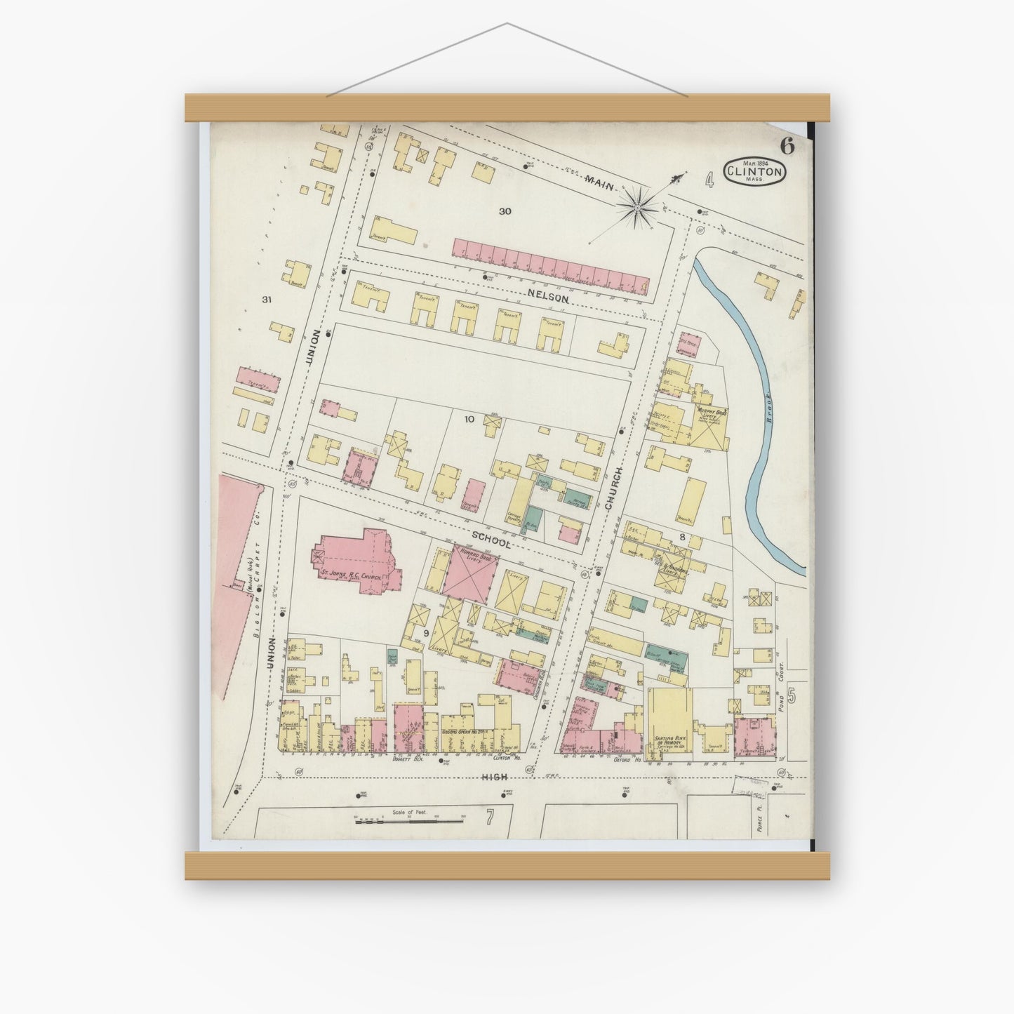 Old map wall art mockup — magnetic wood frame on white wall — Sanborn Fire Insurance Map from Clinton, Worcester County, Massachusetts (1894), Sheet #0006