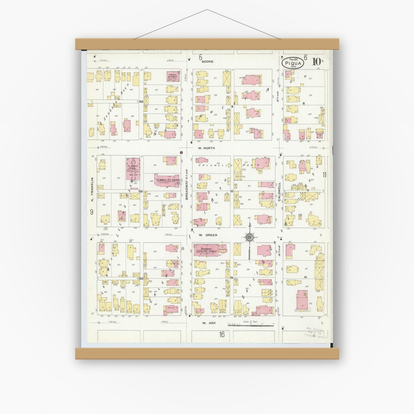 Old map wall art mockup — magnetic wood frame on white wall — Sanborn Fire Insurance Map from Piqua, Miami County, Ohio (1911), Sheet #0010