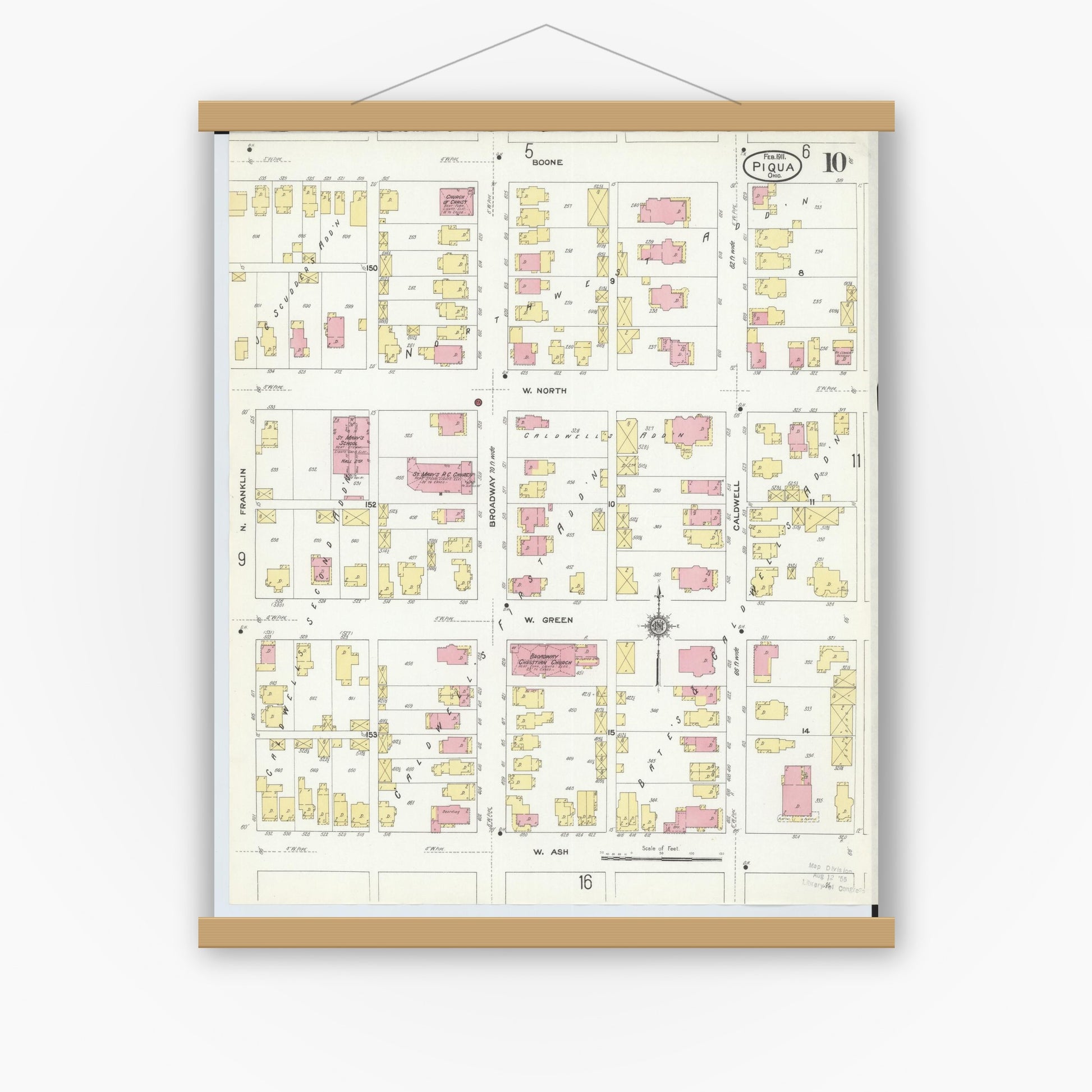 Old map wall art mockup — magnetic wood frame on white wall — Sanborn Fire Insurance Map from Piqua, Miami County, Ohio (1911), Sheet #0010