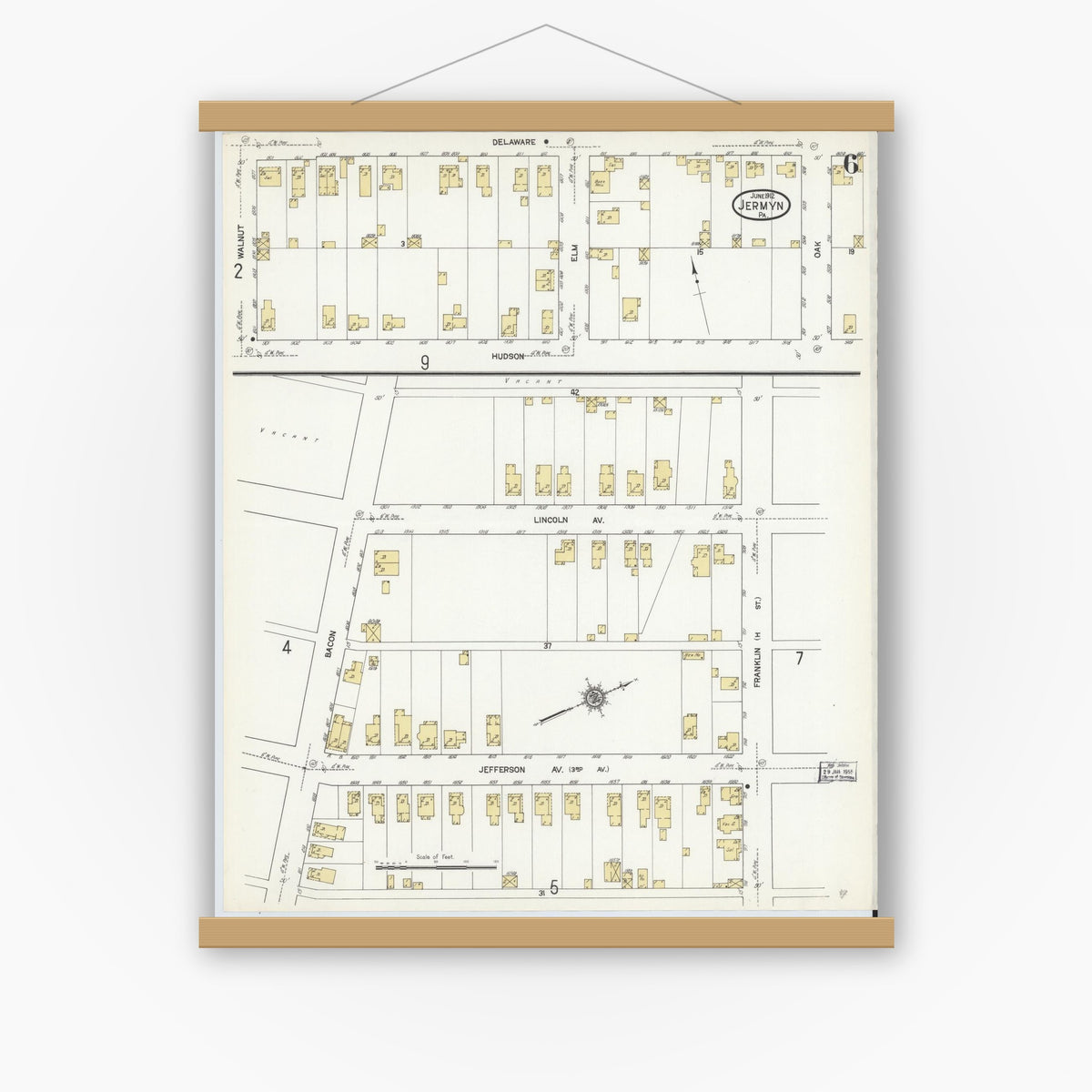 Old map wall art mockup — magnetic wood frame on white wall — Sanborn Fire Insurance Map from Jermyn, Lackawanna County, Pennsylvania (1912), Sheet #0006