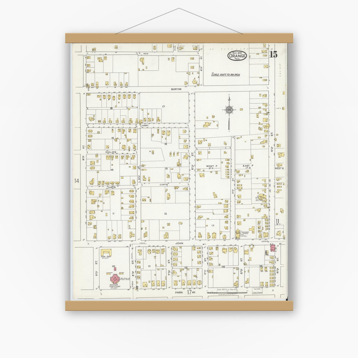 Old map wall art mockup — magnetic wood frame on white wall — Sanborn Fire Insurance Map from Orange, Orange County, Texas (1919), Sheet #0015
