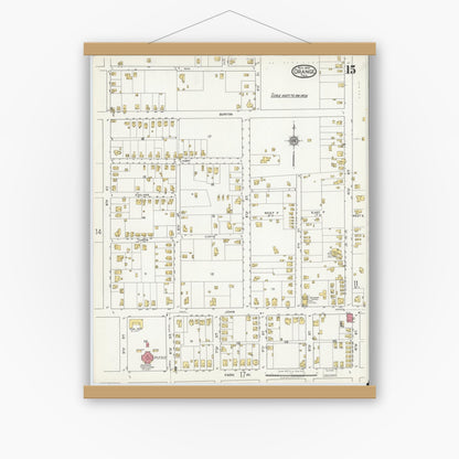 Old map wall art mockup — magnetic wood frame on white wall — Sanborn Fire Insurance Map from Orange, Orange County, Texas (1919), Sheet #0015