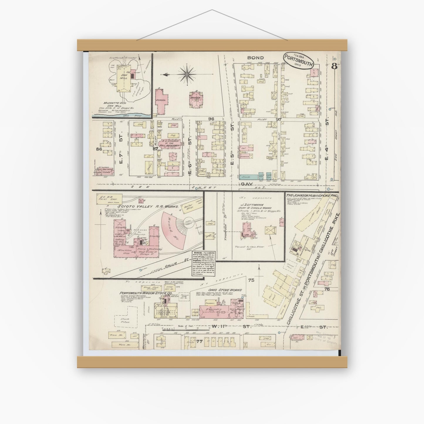 Old map wall art mockup — magnetic wood frame on white wall — Sanborn Fire Insurance Map from Portsmouth, Scioto County, Ohio (1884), Sheet #0008