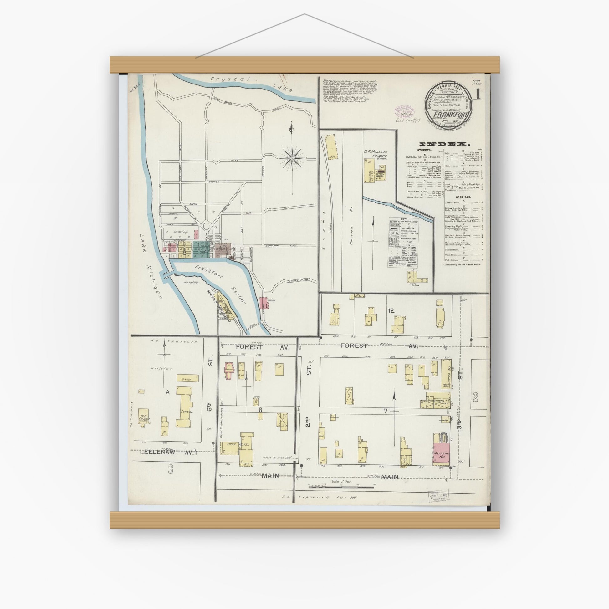Old map wall art mockup — magnetic wood frame on white wall — Sanborn Fire Insurance Map from Frankfort, Benzie County, Michigan (1893), Sheet #0001