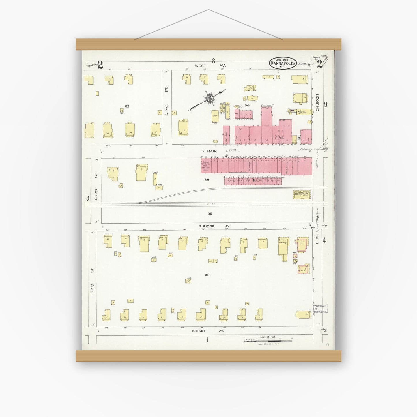 Old map wall art mockup — magnetic wood frame on white wall — Sanborn Fire Insurance Map from Kannapolis, Rowan And Cabarrus Counties, North Carolina (1926), Sheet #0002