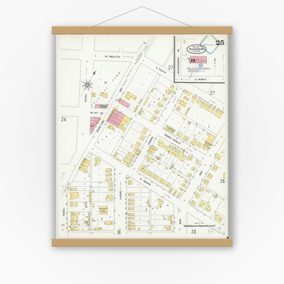 Old map wall art mockup — magnetic wood frame on white wall — Sanborn Fire Insurance Map from Texarkana, Bowie County, Texas (1909), Sheet #0025