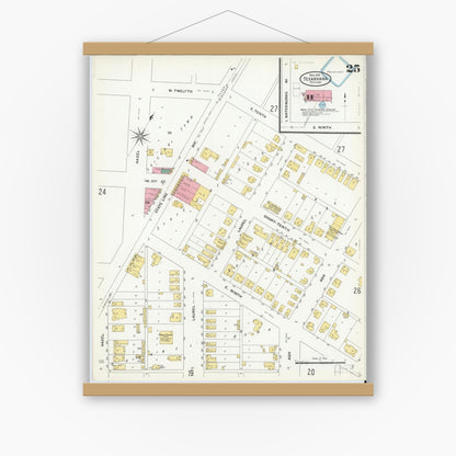 Old map wall art mockup — magnetic wood frame on white wall — Sanborn Fire Insurance Map from Texarkana, Bowie County, Texas (1909), Sheet #0025
