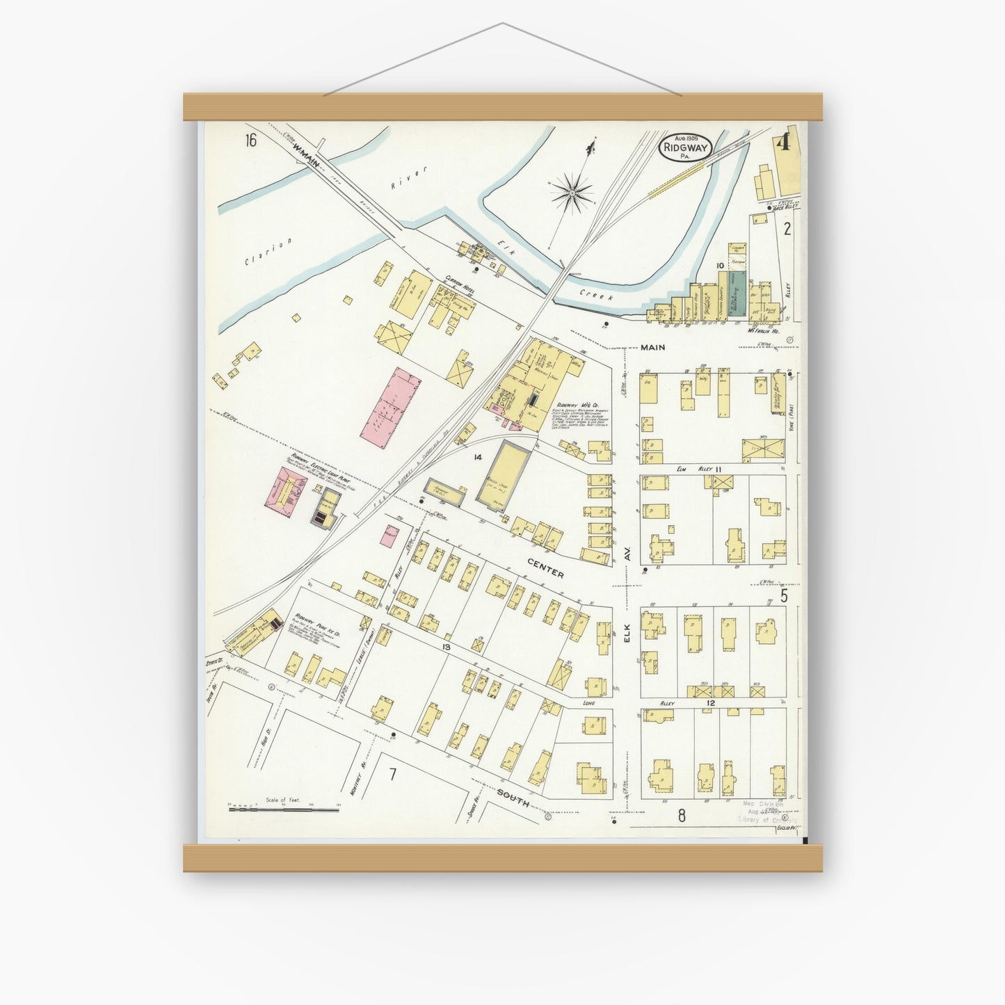 Old map wall art mockup — magnetic wood frame on white wall — Sanborn Fire Insurance Map from Ridgway, Elk County, Pennsylvania (1909), Sheet #0004
