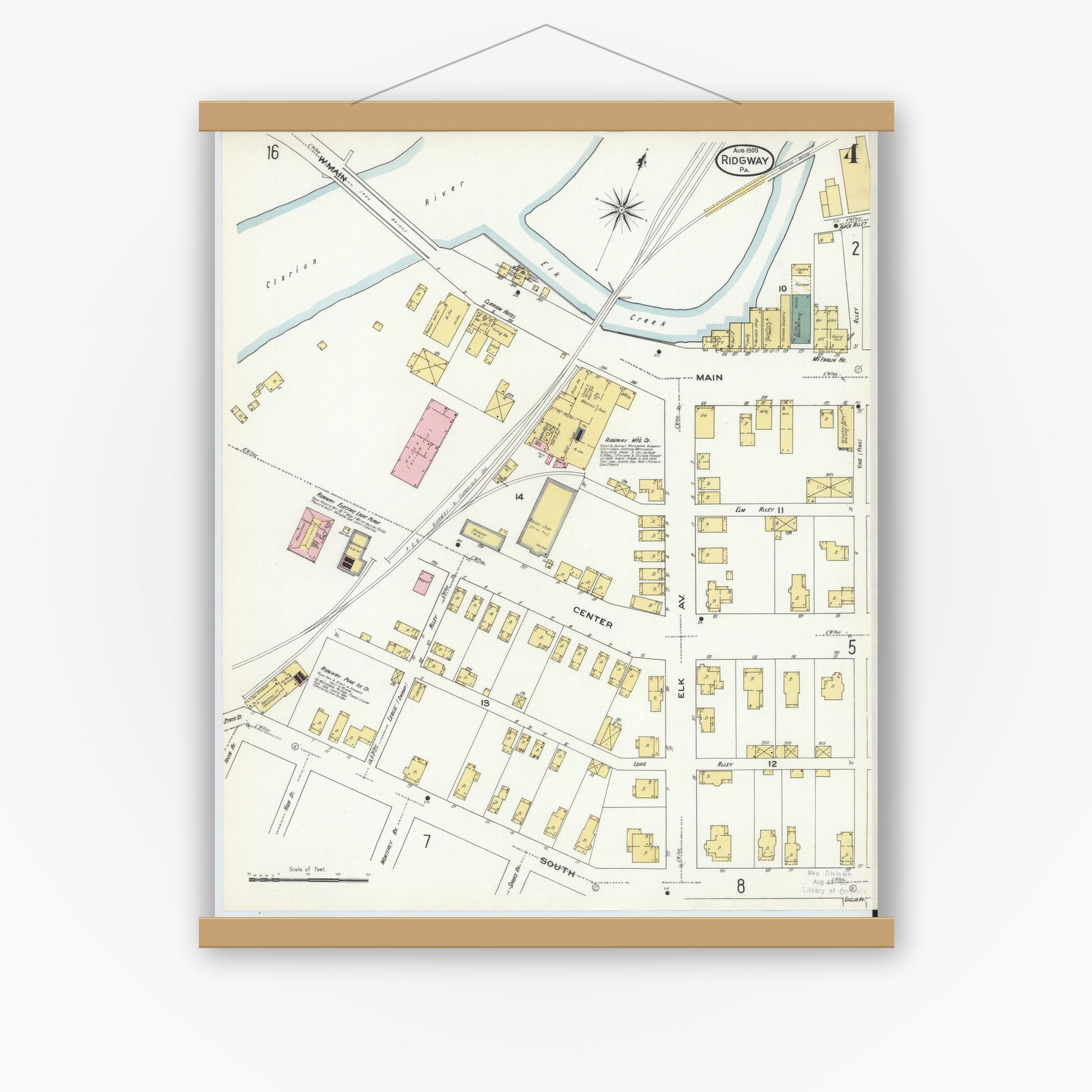 Old map wall art mockup — magnetic wood frame on white wall — Sanborn Fire Insurance Map from Ridgway, Elk County, Pennsylvania (1909), Sheet #0004