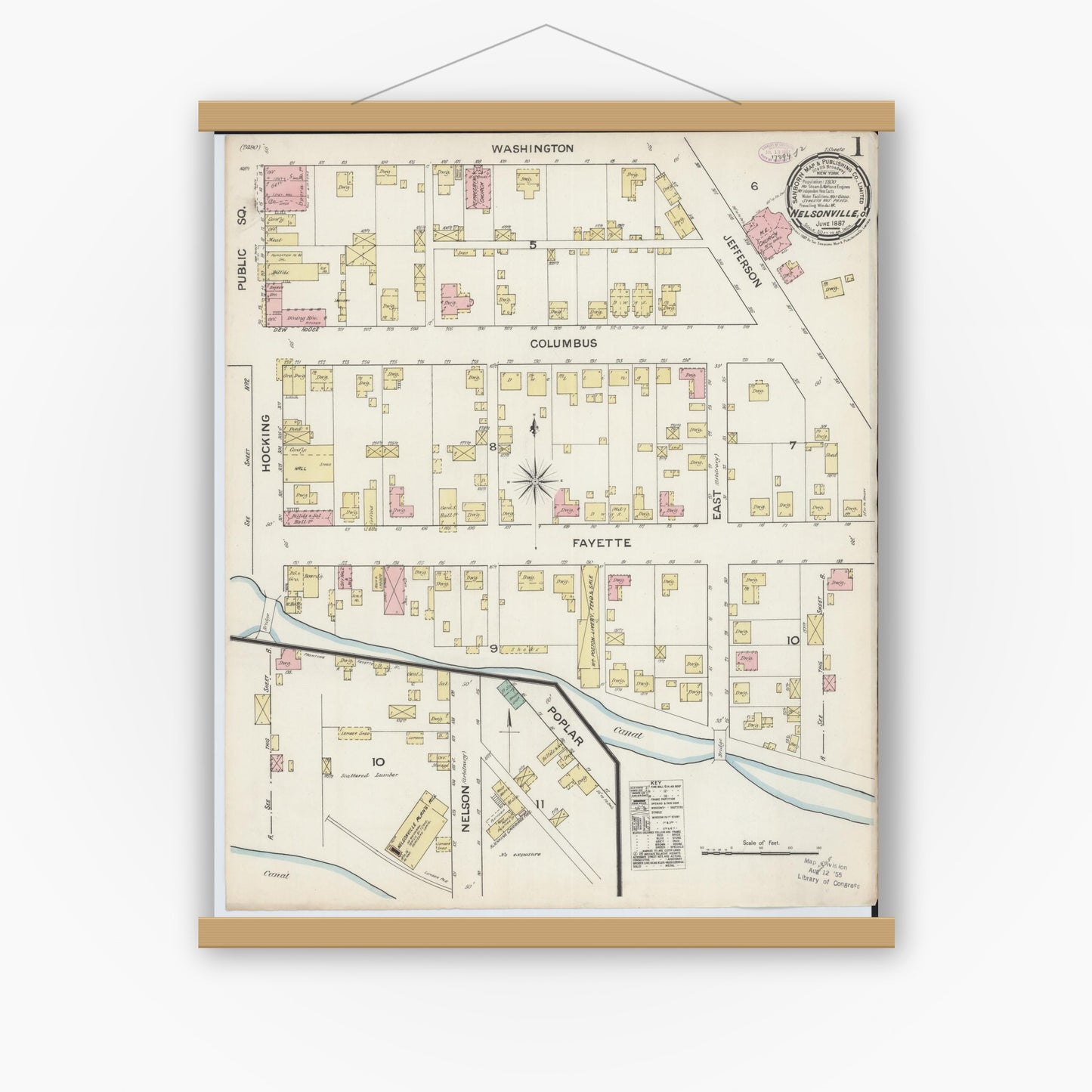 Old map wall art mockup — magnetic wood frame on white wall — Sanborn Fire Insurance Map from Nelsonville, Athens County, Ohio (1887), Sheet #0001
