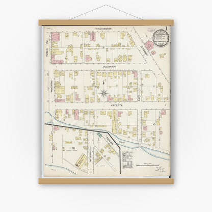 Old map wall art mockup — magnetic wood frame on white wall — Sanborn Fire Insurance Map from Nelsonville, Athens County, Ohio (1887), Sheet #0001