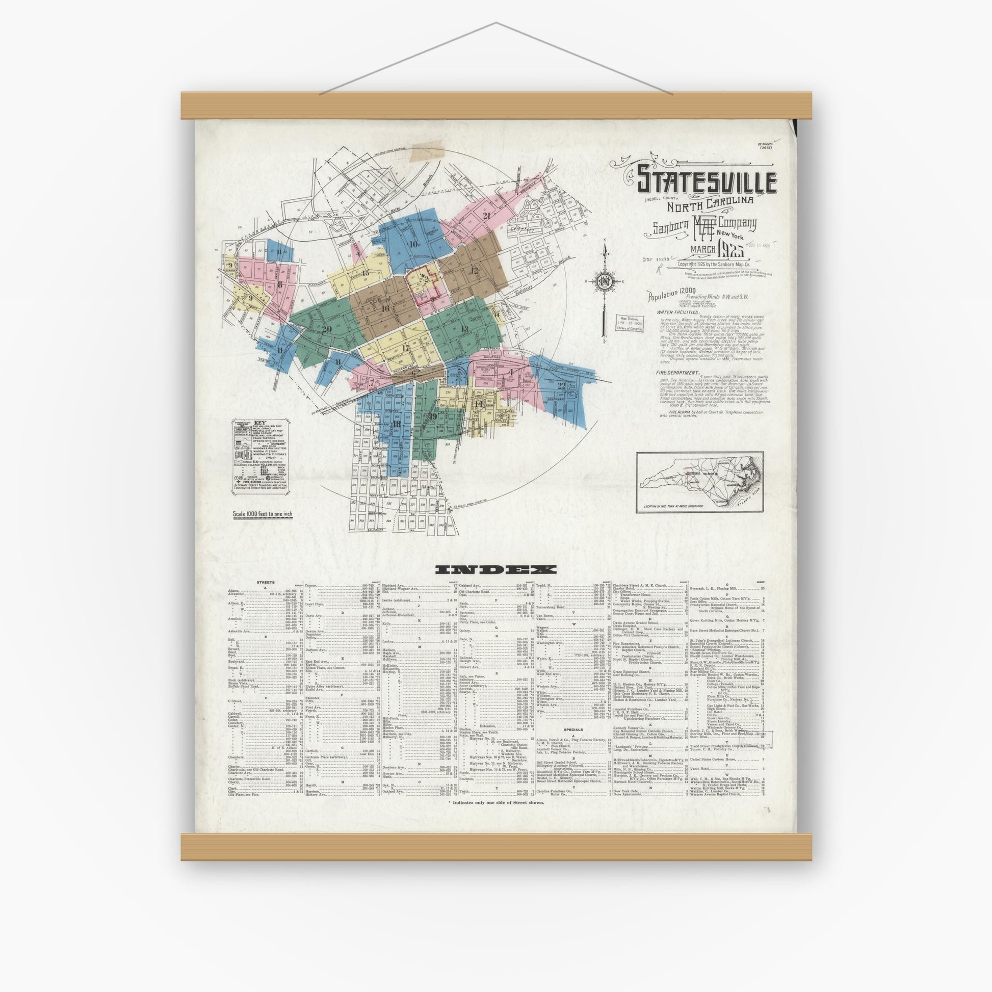 Old map wall art mockup — magnetic wood frame on white wall — Sanborn Fire Insurance Map from Statesville, Iredell County, North Carolina (1925) - Complete Map Set