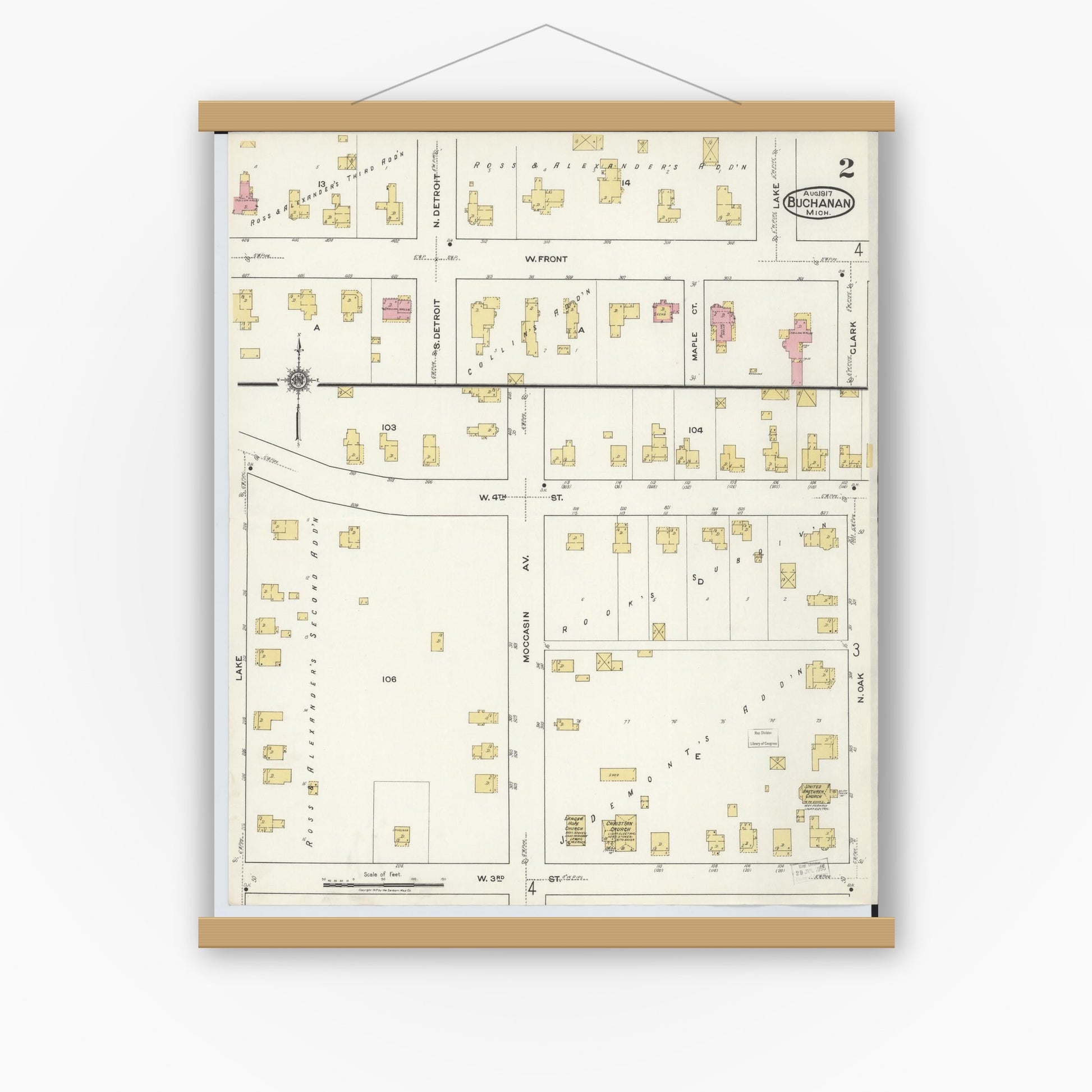 Old map wall art mockup — magnetic wood frame on white wall — Sanborn Fire Insurance Map from Buchanan, Berrien County, Michigan (1917), Sheet #0002