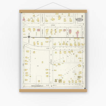 Old map wall art mockup — magnetic wood frame on white wall — Sanborn Fire Insurance Map from Buchanan, Berrien County, Michigan (1917), Sheet #0002