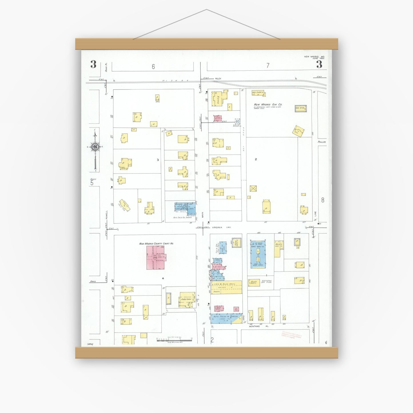 Old map wall art mockup — magnetic wood frame on white wall — Sanborn Fire Insurance Map from New Madrid, New Madrid County, Missouri (1950), Sheet #0003