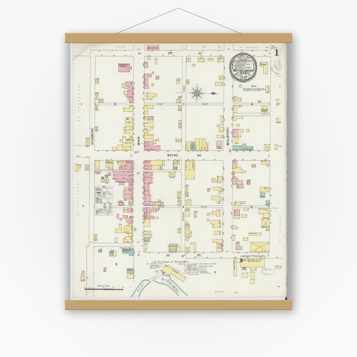 Old map wall art mockup — magnetic wood frame on white wall — Sanborn Fire Insurance Map from Waynesboro, Independent Cities, Virginia (1897), Sheet #0001