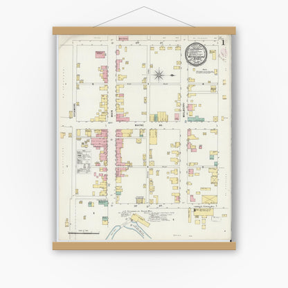 Old map wall art mockup — magnetic wood frame on white wall — Sanborn Fire Insurance Map from Waynesboro, Independent Cities, Virginia (1897), Sheet #0001