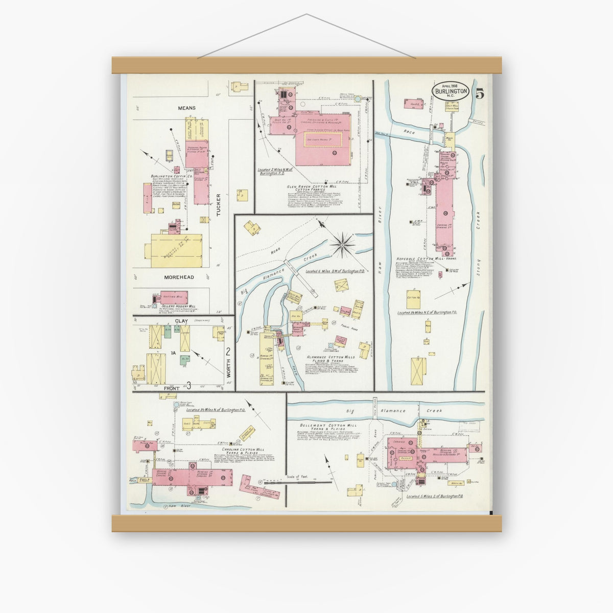 Old map wall art mockup — magnetic wood frame on white wall — Sanborn Fire Insurance Map from Burlington, Alamance County, North Carolina (1908), Sheet #0005