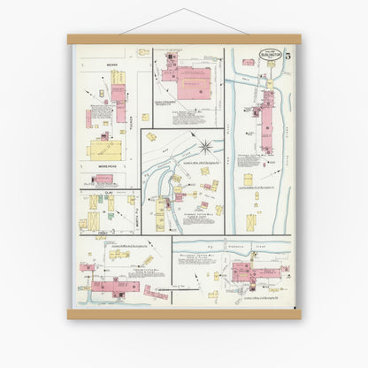 Old map wall art mockup — magnetic wood frame on white wall — Sanborn Fire Insurance Map from Burlington, Alamance County, North Carolina (1908), Sheet #0005