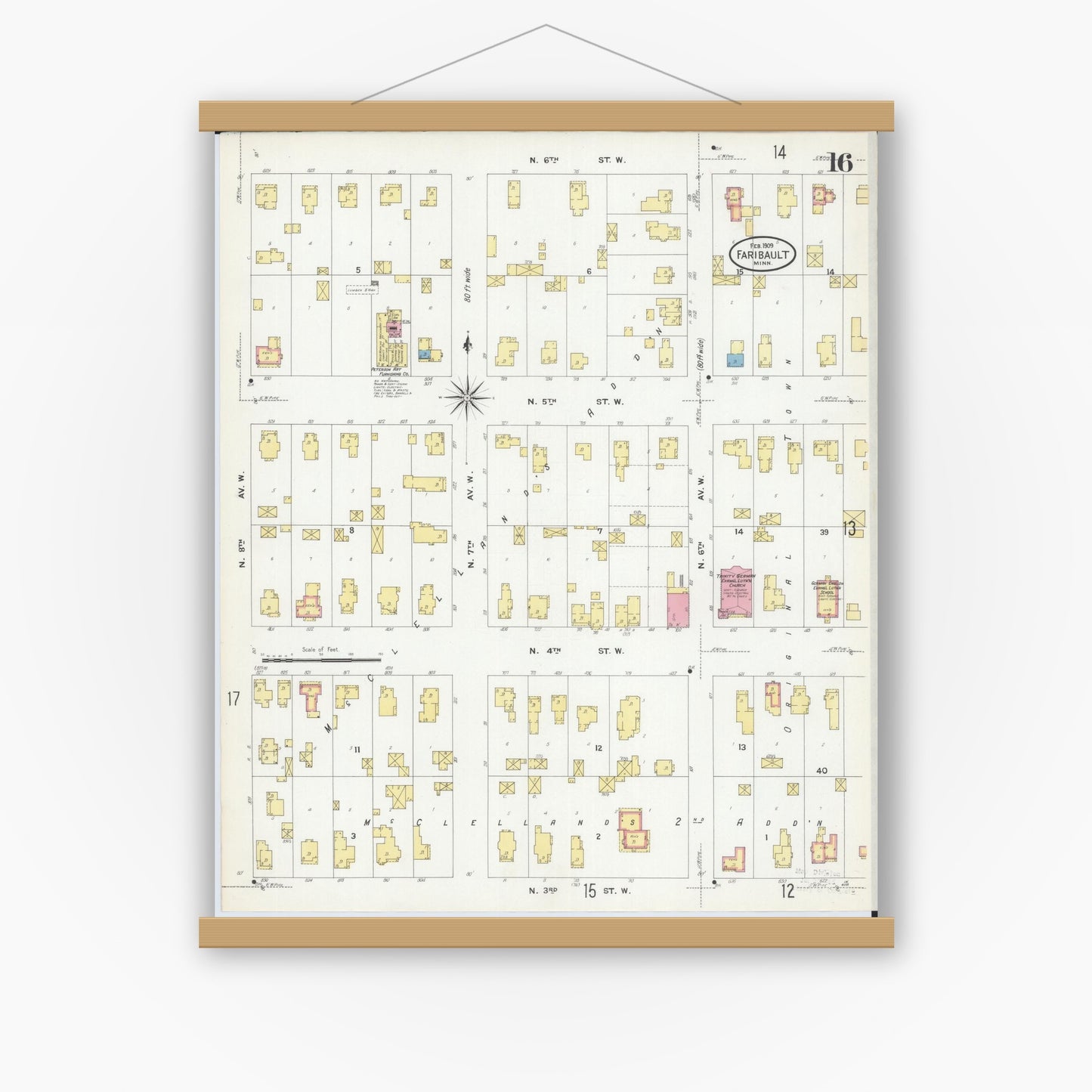 Old map wall art mockup — magnetic wood frame on white wall — Sanborn Fire Insurance Map from Faribault, Rice County, Minnesota (1909), Sheet #0016