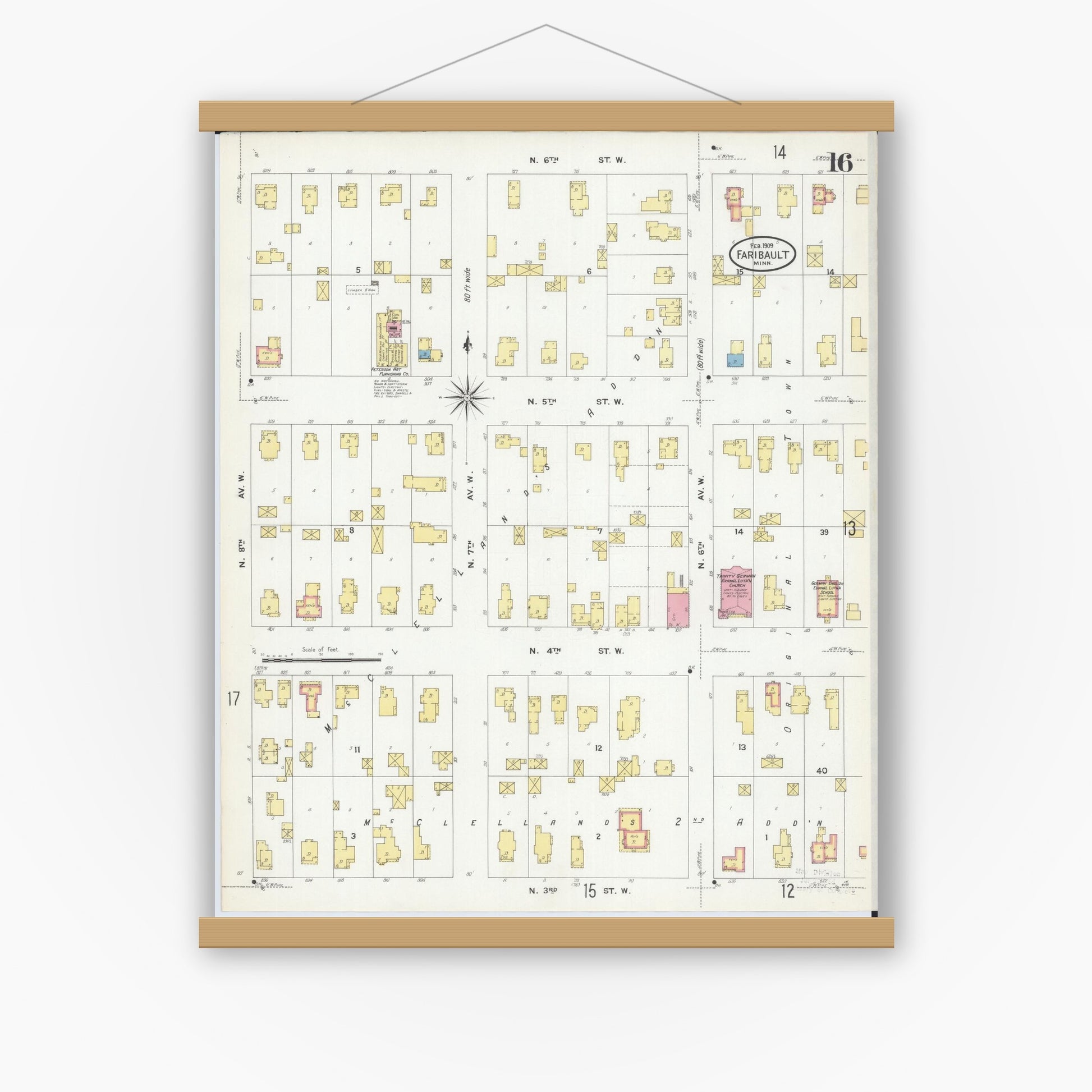 Old map wall art mockup — magnetic wood frame on white wall — Sanborn Fire Insurance Map from Faribault, Rice County, Minnesota (1909), Sheet #0016