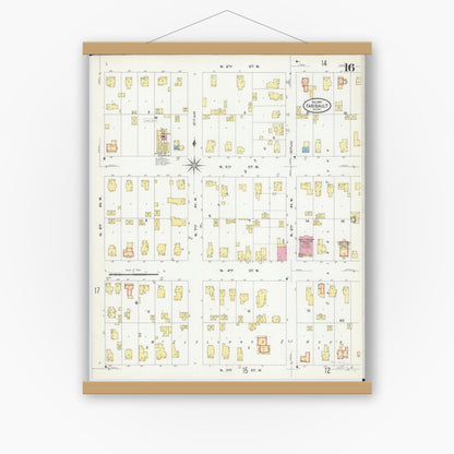 Old map wall art mockup — magnetic wood frame on white wall — Sanborn Fire Insurance Map from Faribault, Rice County, Minnesota (1909), Sheet #0016