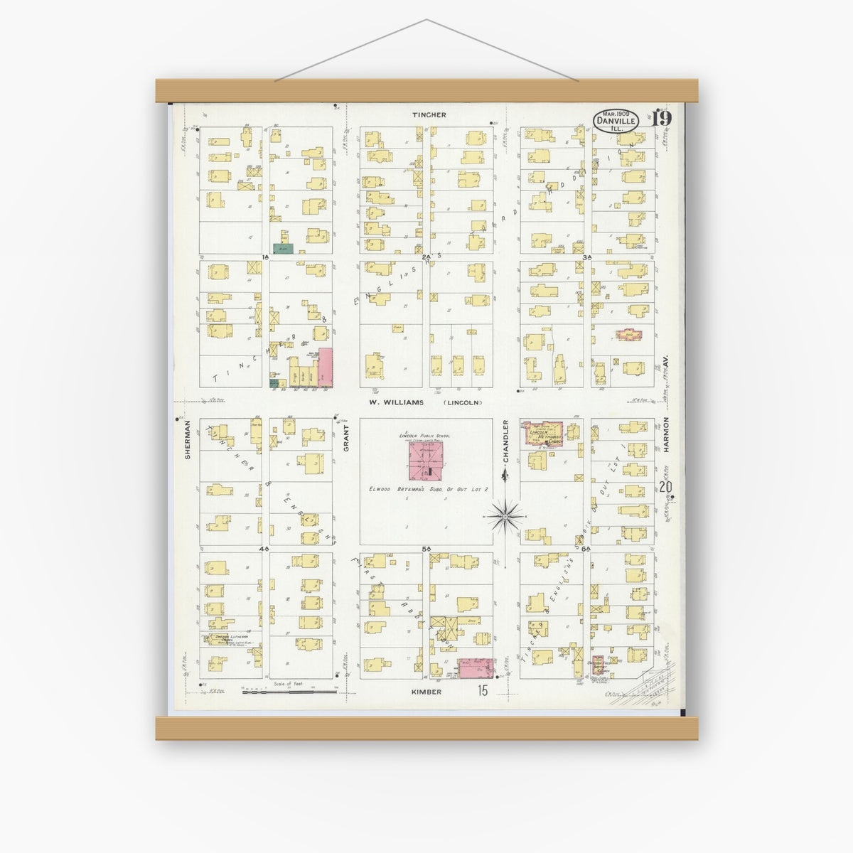 Old map wall art mockup — magnetic wood frame on white wall — Sanborn Fire Insurance Map from Danville, Vermilion County, Illinois (1909), Sheet #0019