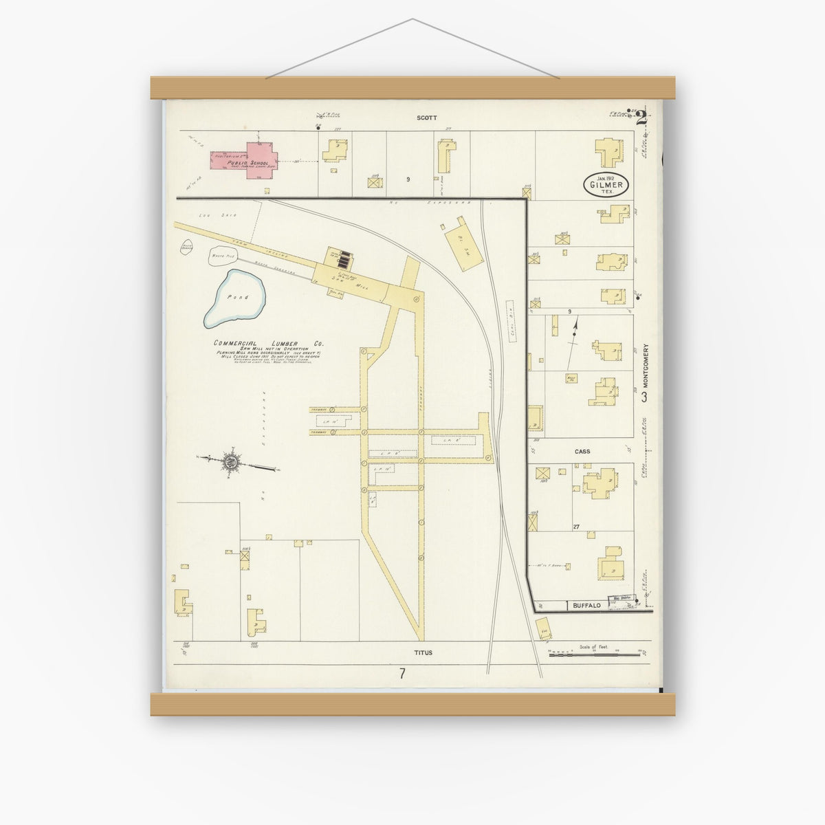 Old map wall art mockup — magnetic wood frame on white wall — Sanborn Fire Insurance Map from Gilmer, Upshur County, Texas (1912), Sheet #0002
