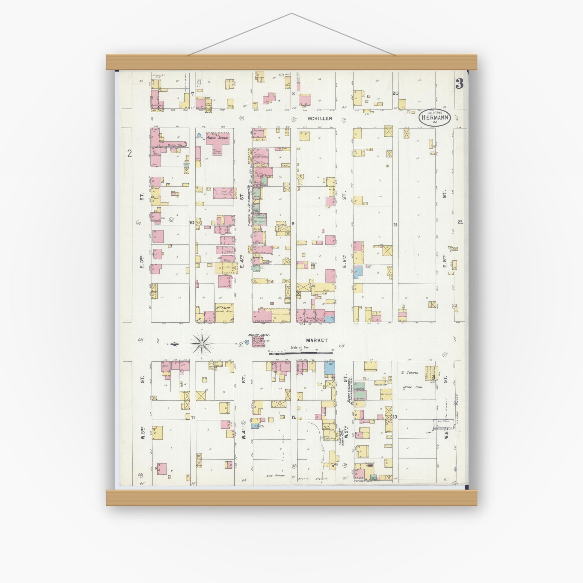 Old map wall art mockup — magnetic wood frame on white wall — Sanborn Fire Insurance Map from Hermann, Gasconade County, Missouri (1898), Sheet #0003
