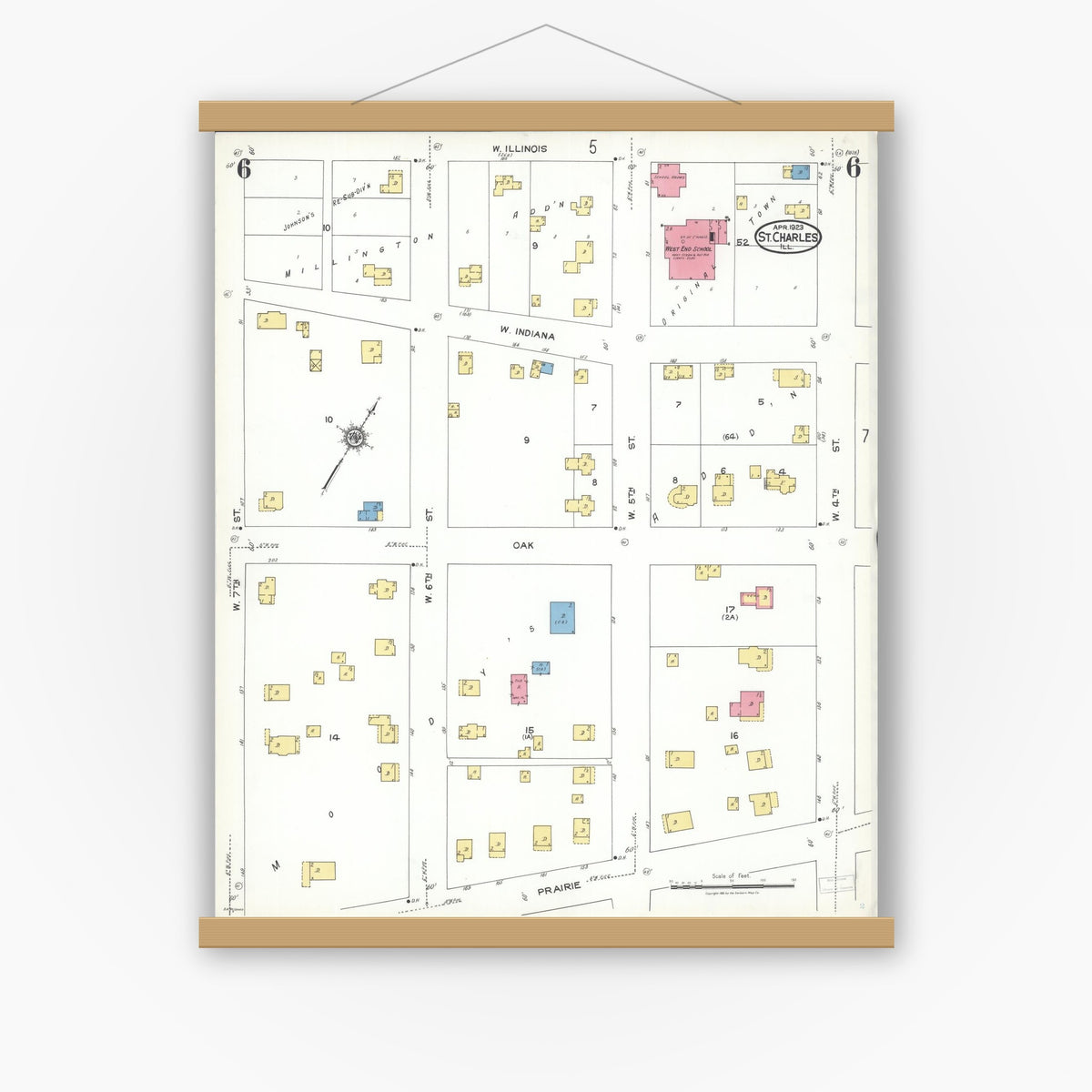 Old map wall art mockup — magnetic wood frame on white wall — Sanborn Fire Insurance Map from Saint Charles, Kane County, Illinois (1923), Sheet #0006