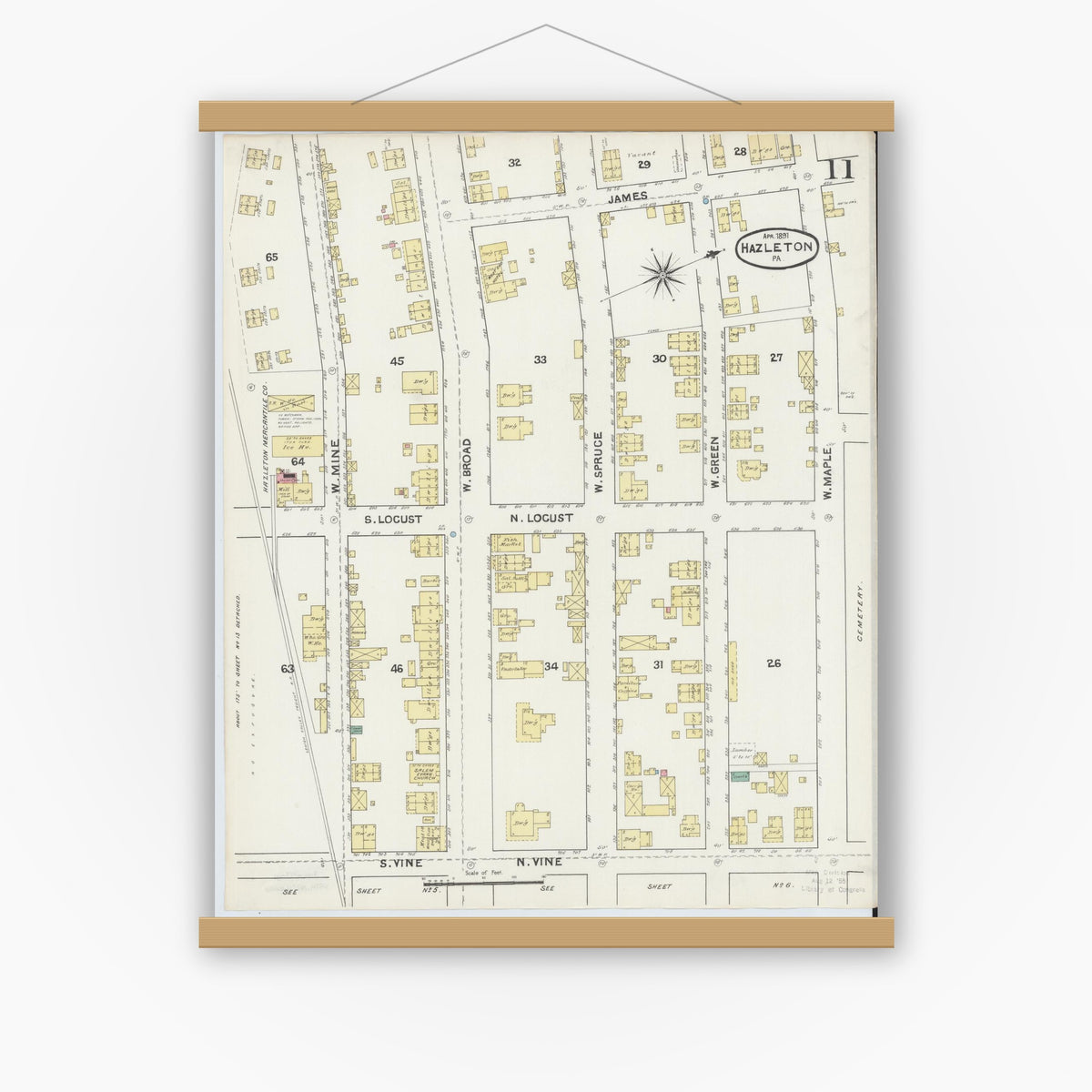 Old map wall art mockup — magnetic wood frame on white wall — Sanborn Fire Insurance Map from Hazleton, Luzerne County, Pennsylvania (1891), Sheet #0011