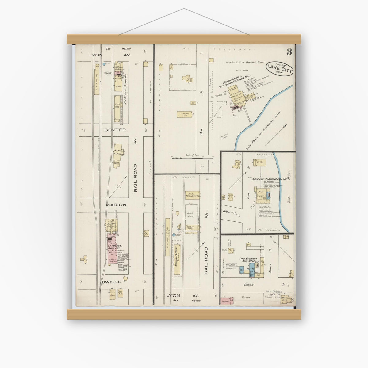 Old map wall art mockup — magnetic wood frame on white wall — Sanborn Fire Insurance Map from Lake City, Wabasha County, Minnesota (1885), Sheet #0003