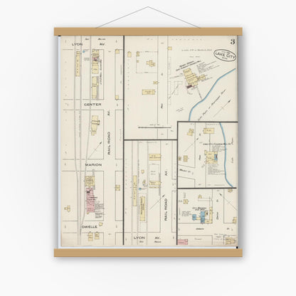 Old map wall art mockup — magnetic wood frame on white wall — Sanborn Fire Insurance Map from Lake City, Wabasha County, Minnesota (1885), Sheet #0003