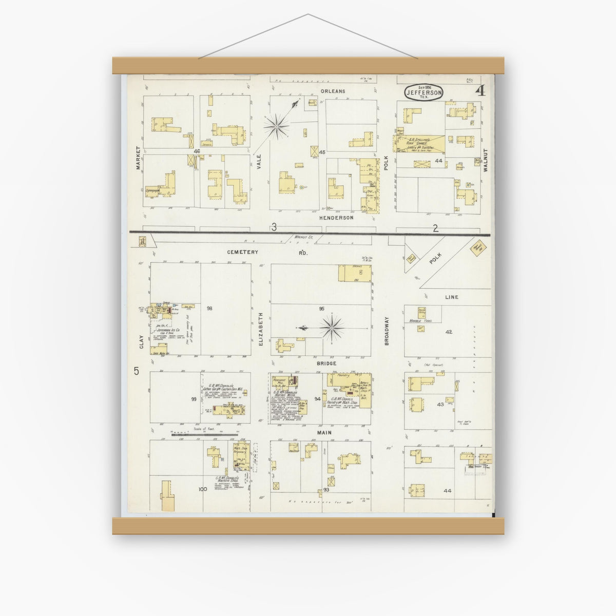 Old map wall art mockup — magnetic wood frame on white wall — Sanborn Fire Insurance Map from Jefferson, Marion County, Texas (1896), Sheet #0004