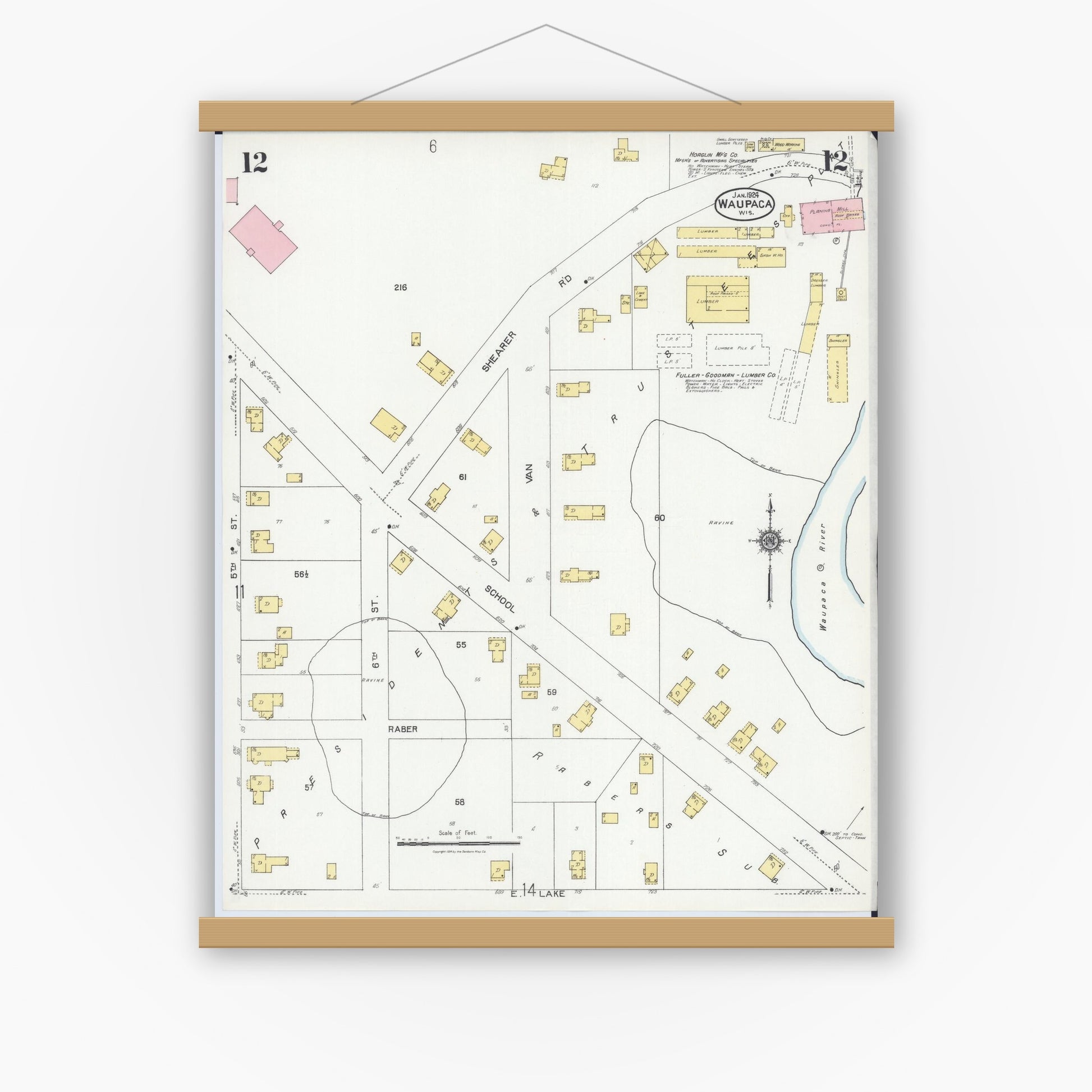 Old map wall art mockup — magnetic wood frame on white wall — Sanborn Fire Insurance Map from Waupaca, Waupaca County, Wisconsin (1924), Sheet #0012