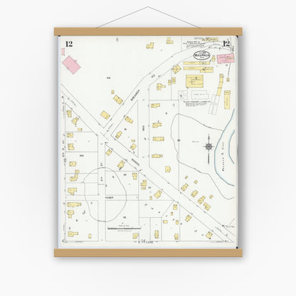 Old map wall art mockup — magnetic wood frame on white wall — Sanborn Fire Insurance Map from Waupaca, Waupaca County, Wisconsin (1924), Sheet #0012