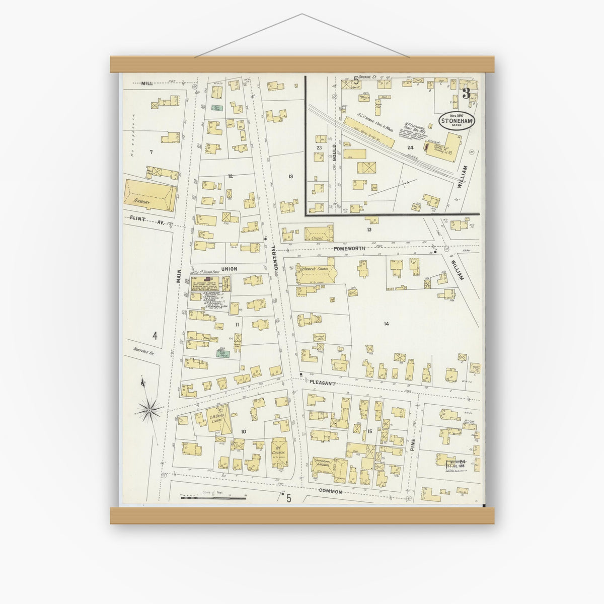Old map wall art mockup — magnetic wood frame on white wall — Sanborn Fire Insurance Map from Stoneham, Middlesex County, Massachusetts (1897), Sheet #0003