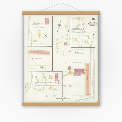 Old map wall art mockup — magnetic wood frame on white wall — Sanborn Fire Insurance Map from Bridgewater, Plymouth County, Massachusetts (1912), Sheet #0016