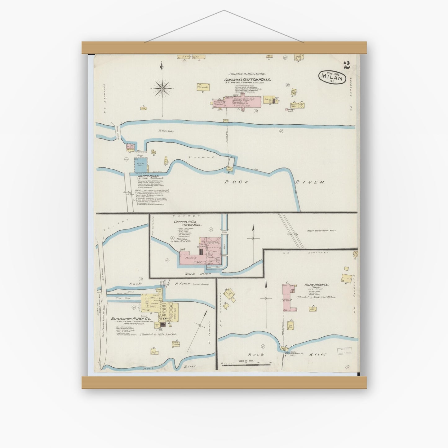 Old map wall art mockup — magnetic wood frame on white wall — Sanborn Fire Insurance Map from Milan, Rock Island County, Illinois (1886), Sheet #0002