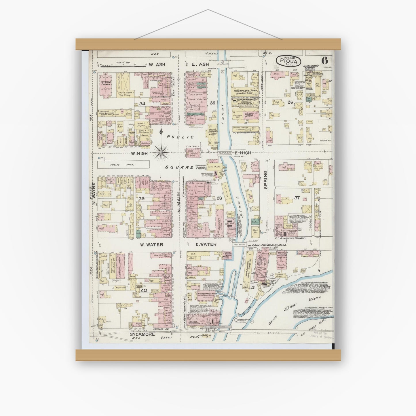 Old map wall art mockup — magnetic wood frame on white wall — Sanborn Fire Insurance Map from Piqua, Miami County, Ohio (1887), Sheet #0006