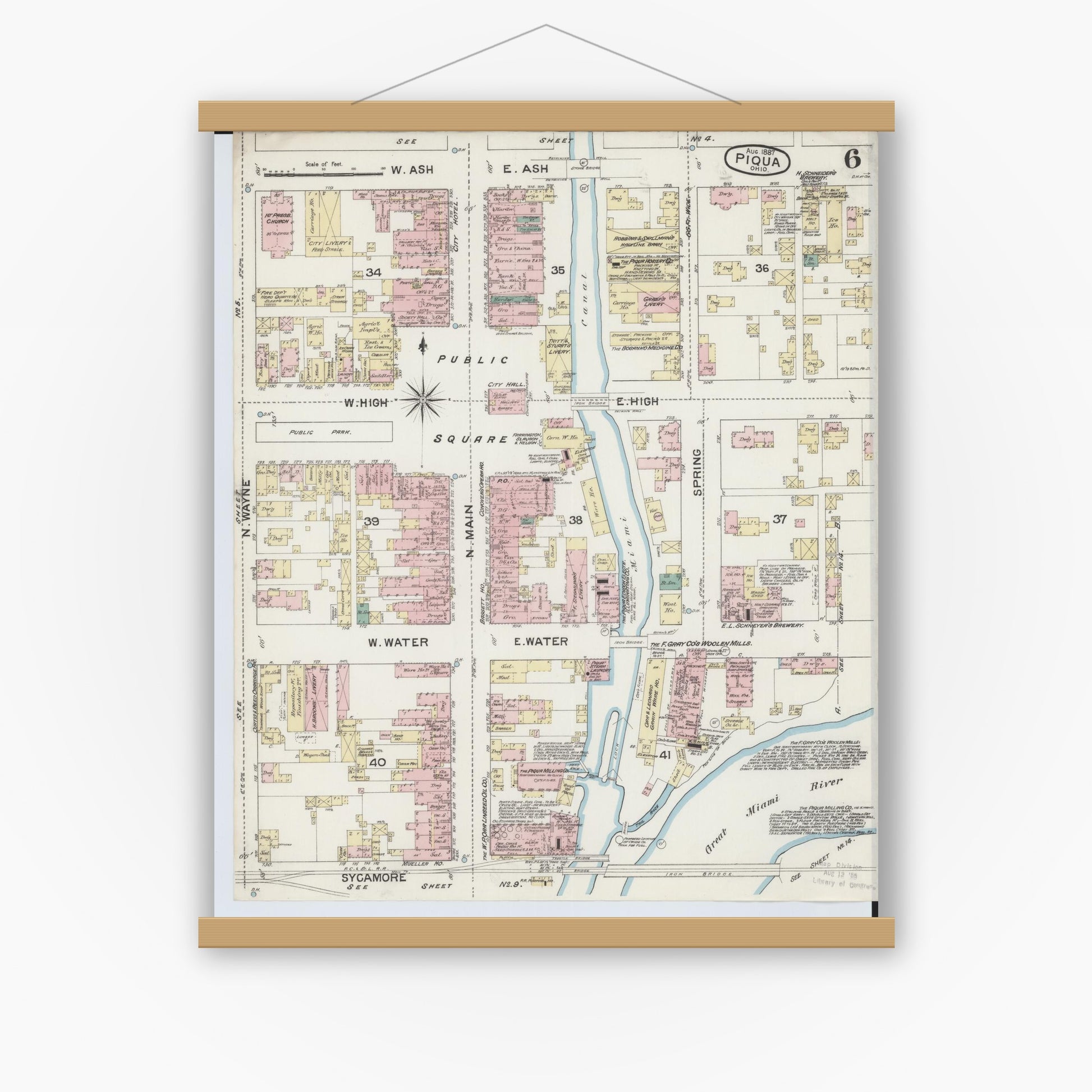 Old map wall art mockup — magnetic wood frame on white wall — Sanborn Fire Insurance Map from Piqua, Miami County, Ohio (1887), Sheet #0006