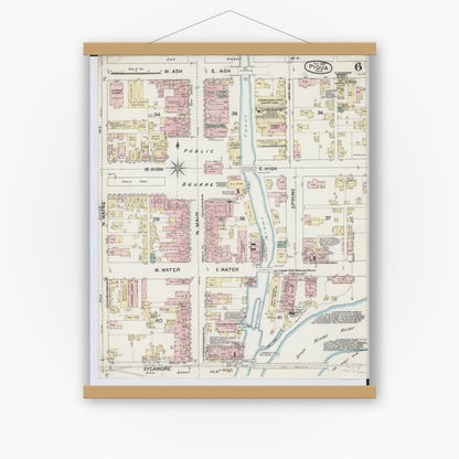 Old map wall art mockup — magnetic wood frame on white wall — Sanborn Fire Insurance Map from Piqua, Miami County, Ohio (1887), Sheet #0006